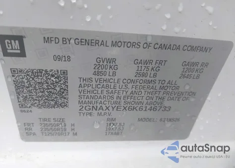 2019 Chevrolet Equinox Premier z USA, uszkodzony, nr VIN 2GNAXYEX6K6146733